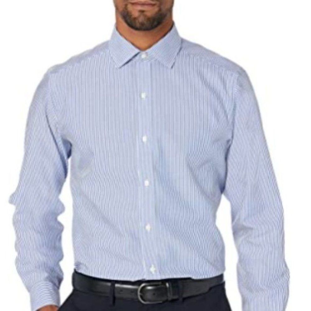 Buttoned Down Mens Blue Striped Classic Fit Spread Collar Dress Shirt Size 15/34